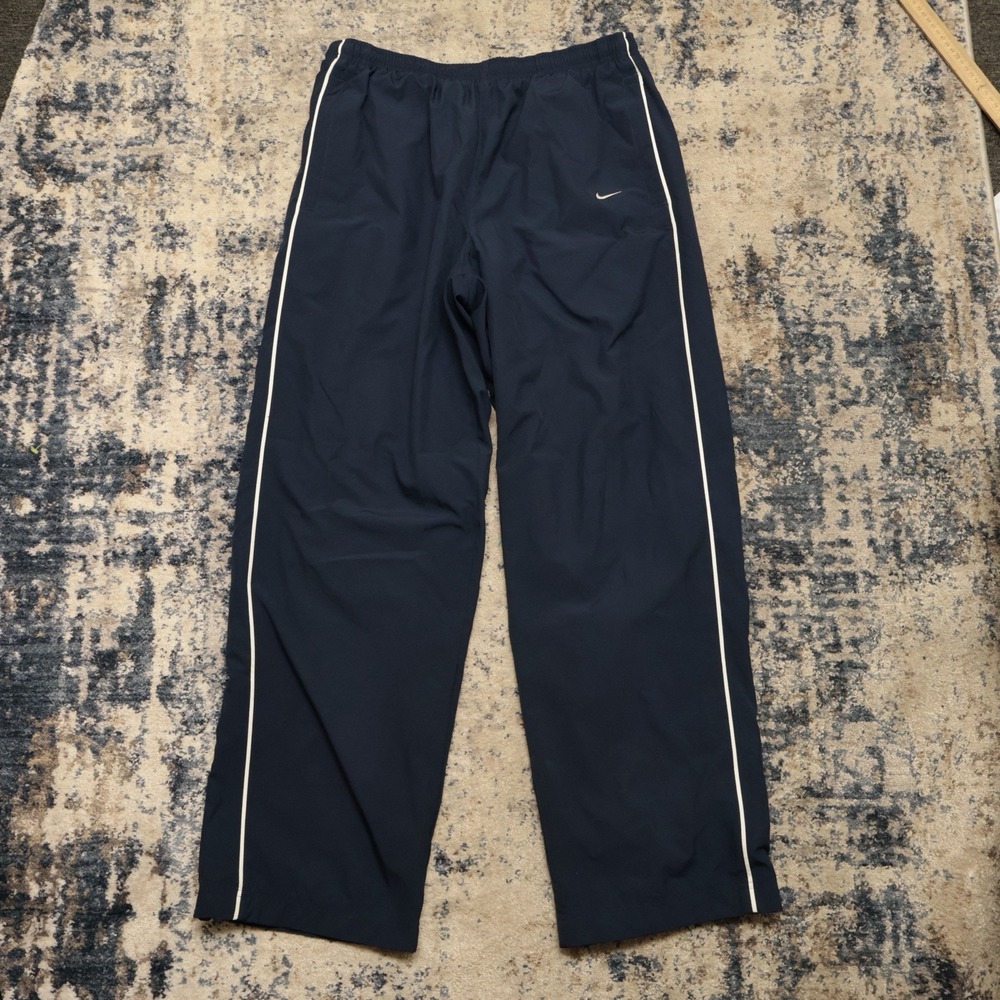 Vtg Nike Track Pants Mens L. Blue Baggy Wide Leg Logo Lined Pockets Great Cond